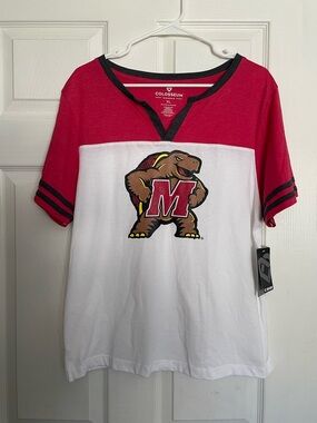 NWT Colosseum College Park Maryland Terps Women's XL Red and White V-Neck Tee